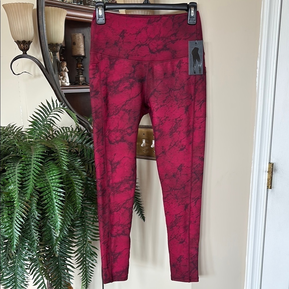 Brand New LegEnd Leggings Red Marble 7/8 High Waisted w/ Pockets Activewear